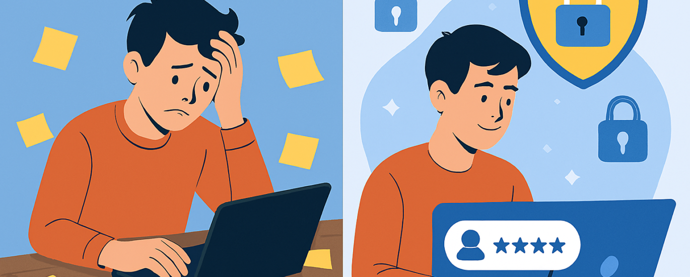 two persons one is struggling with password notes and the other has a reliable password manager.