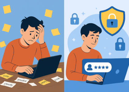 two persons one is struggling with password notes and the other has a reliable password manager.