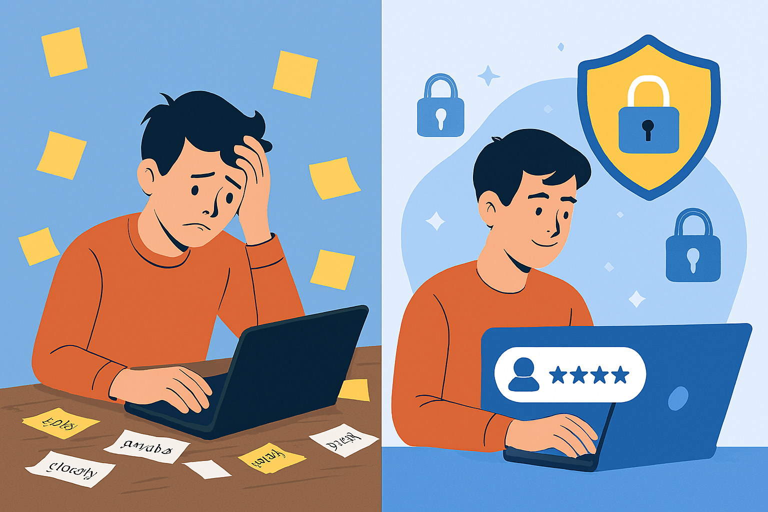 two persons one is struggling with password notes and the other has a reliable password manager.