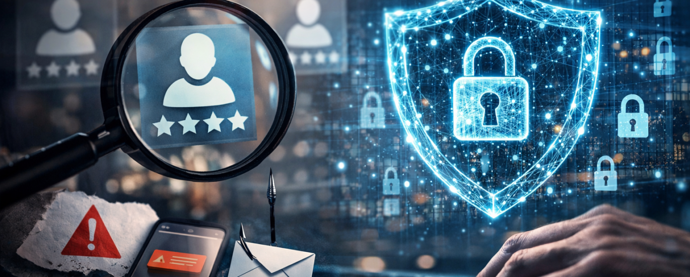 Cybersecurity shield and reputation profile under magnifying glass