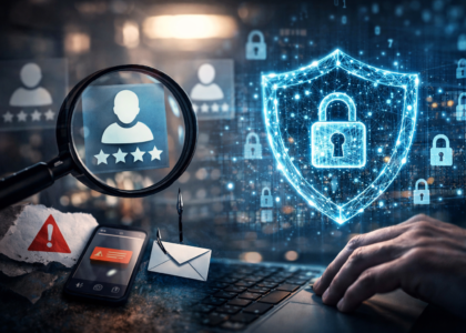 Cybersecurity shield and reputation profile under magnifying glass