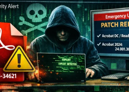Cybersecurity illustration showing Adobe Acrobat Reader zero‑day patch (CVE‑2026‑34621) with hacker, warning sign, and patch release details.