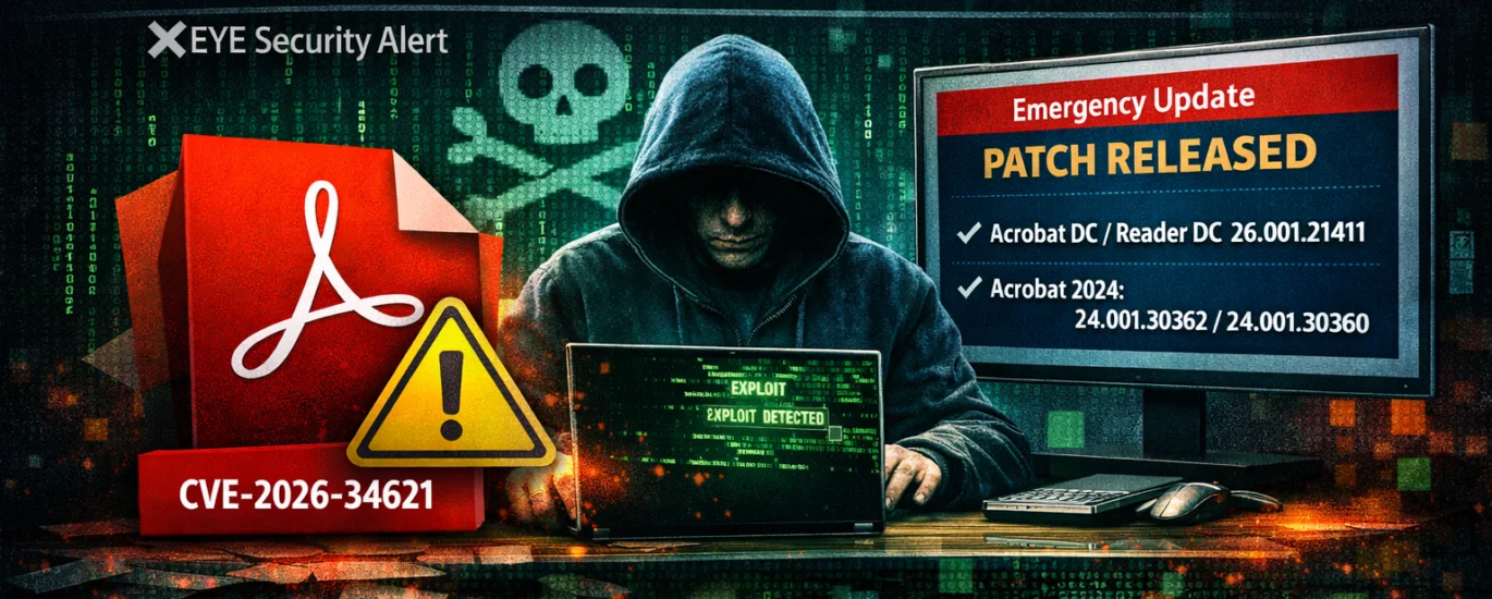 Cybersecurity illustration showing Adobe Acrobat Reader zero‑day patch (CVE‑2026‑34621) with hacker, warning sign, and patch release details.