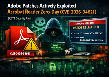Cybersecurity illustration showing Adobe Acrobat Reader zero‑day patch (CVE‑2026‑34621) with hacker, warning sign, and patch release details.