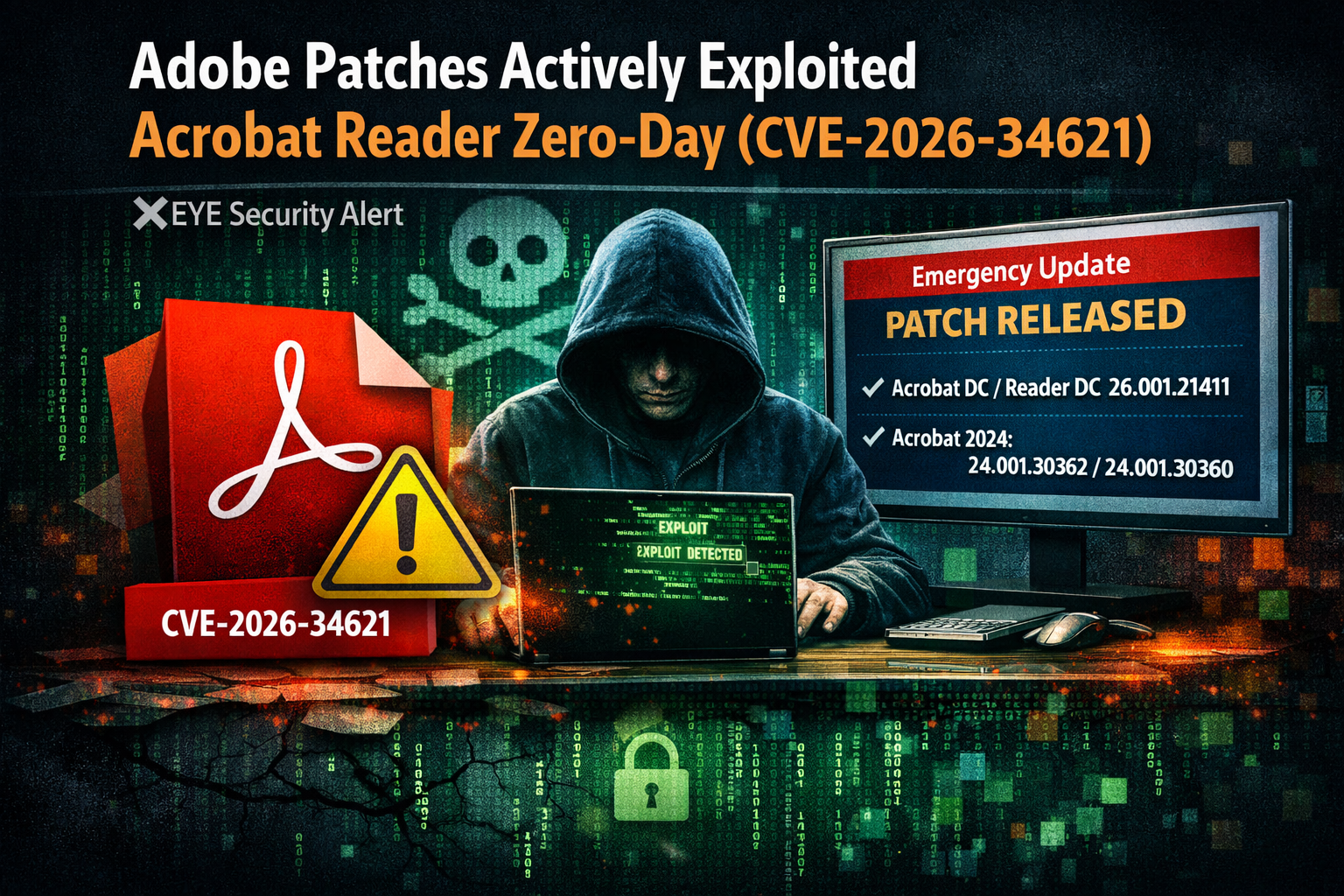 Cybersecurity illustration showing Adobe Acrobat Reader zero‑day patch (CVE‑2026‑34621) with hacker, warning sign, and patch release details.