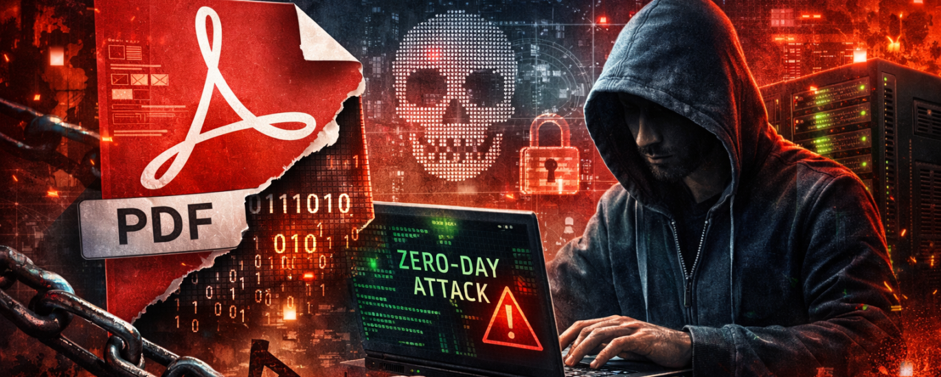 Cybersecurity illustration showing Adobe Reader zero‑day exploit with hacker, torn PDF icon, and binary code.