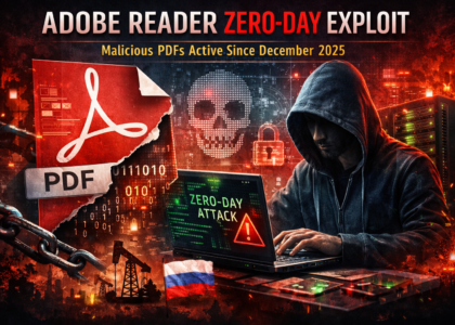 Cybersecurity illustration showing Adobe Reader zero‑day exploit with hacker, torn PDF icon, and binary code.