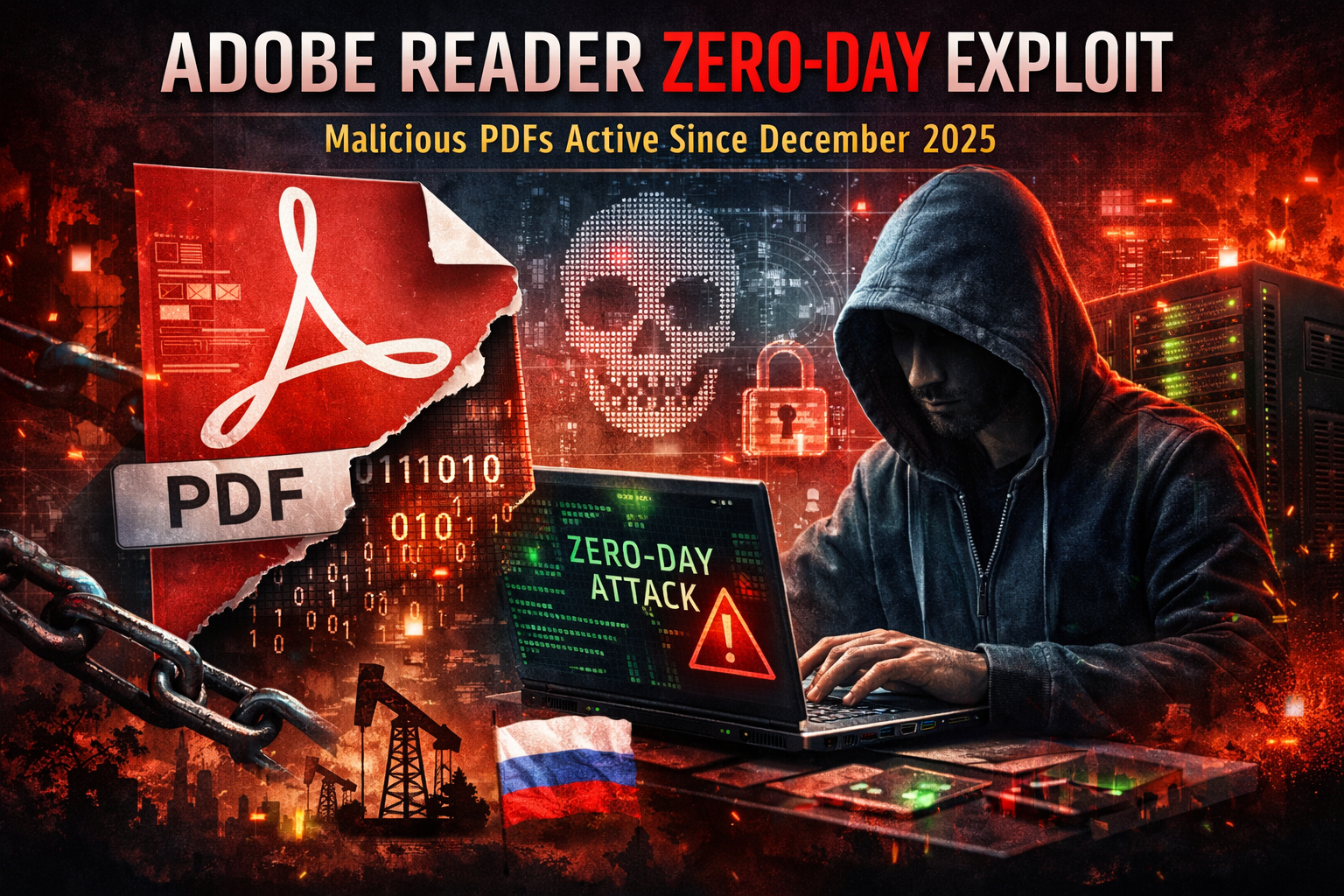 Cybersecurity illustration showing Adobe Reader zero‑day exploit with hacker, torn PDF icon, and binary code.