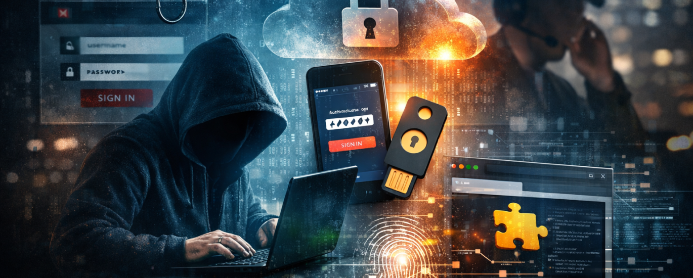 A hooded hacker using a laptop surrounded by digital symbols of multi‑factor authentication, including a smartphone, hardware security key, and cloud lock icon, representing modern MFA bypass threats.