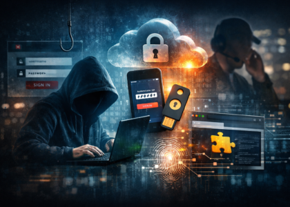 A hooded hacker using a laptop surrounded by digital symbols of multi‑factor authentication, including a smartphone, hardware security key, and cloud lock icon, representing modern MFA bypass threats.