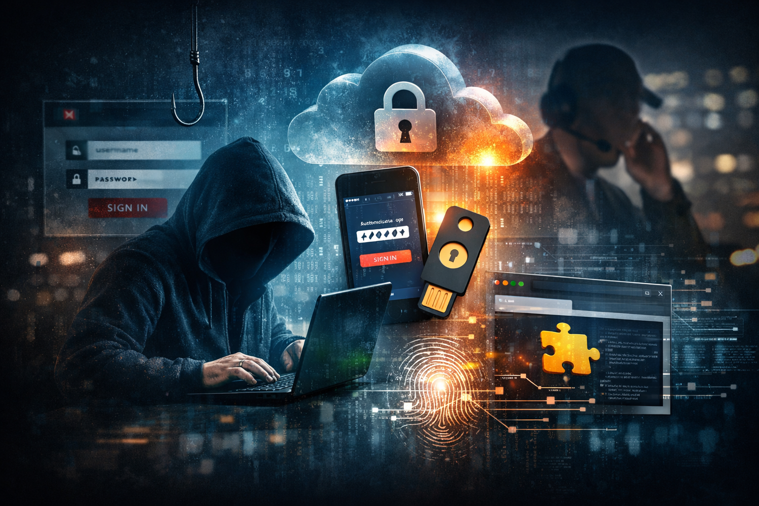 A hooded hacker using a laptop surrounded by digital symbols of multi‑factor authentication, including a smartphone, hardware security key, and cloud lock icon, representing modern MFA bypass threats.