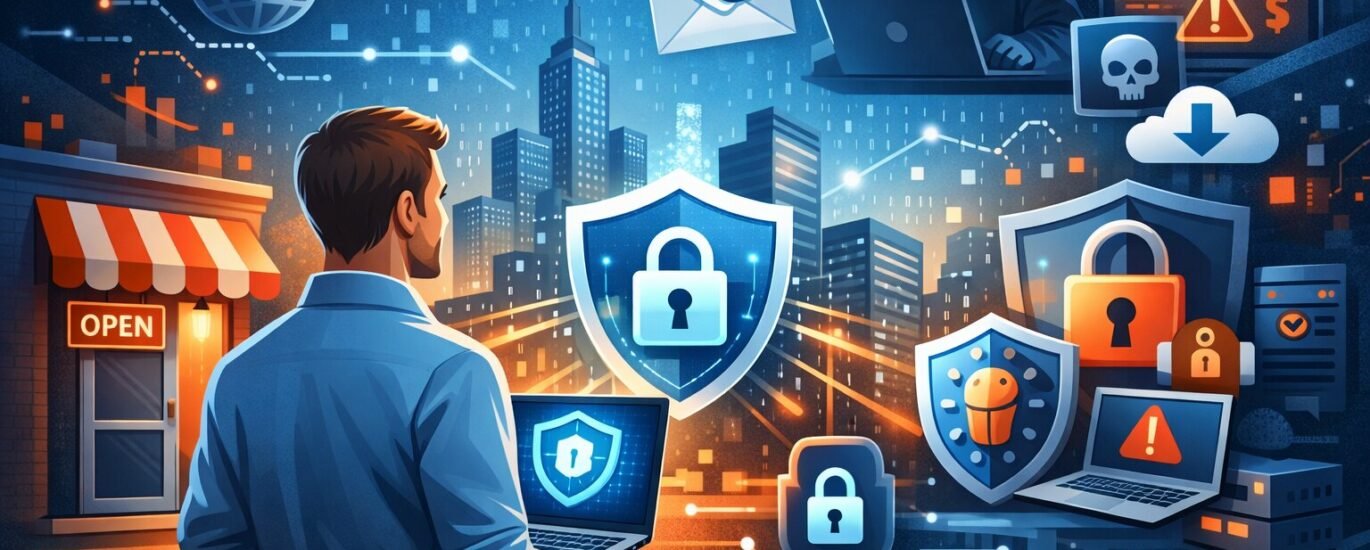 Digital illustration showing a small business owner with a laptop displaying a glowing shield icon, standing beside a storefront. In the background, a cityscape blends with cybersecurity threat symbols like phishing emails, ransomware warnings, and a hooded hacker, representing the risks small businesses face online.