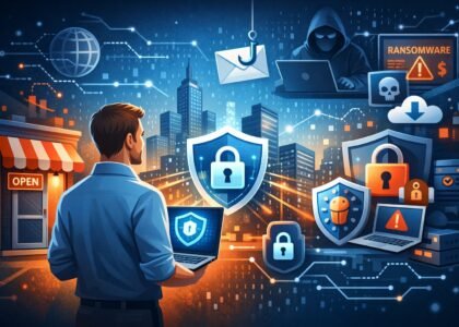 Digital illustration showing a small business owner with a laptop displaying a glowing shield icon, standing beside a storefront. In the background, a cityscape blends with cybersecurity threat symbols like phishing emails, ransomware warnings, and a hooded hacker, representing the risks small businesses face online.