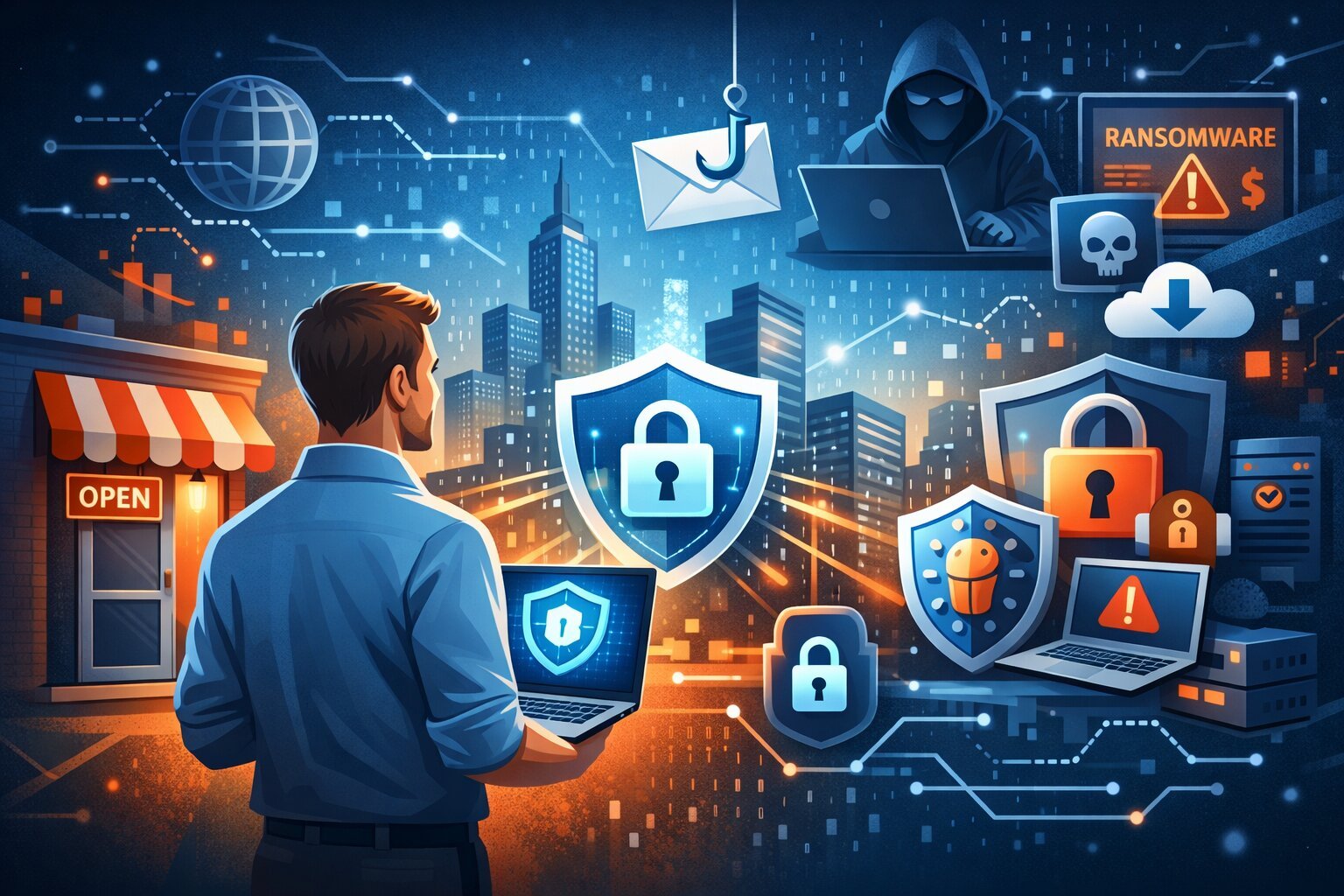 Digital illustration showing a small business owner with a laptop displaying a glowing shield icon, standing beside a storefront. In the background, a cityscape blends with cybersecurity threat symbols like phishing emails, ransomware warnings, and a hooded hacker, representing the risks small businesses face online.