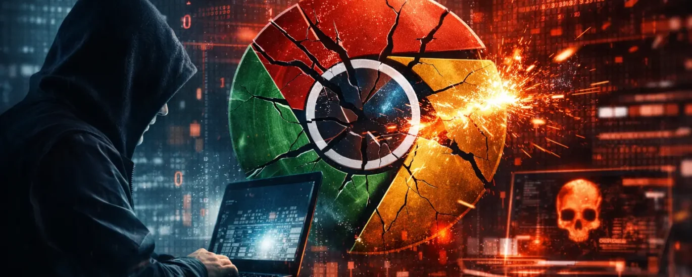 Hacker in dark hoodie beside shattered Google Chrome logo glowing red, symbolizing zero‑day exploit and cybersecurity breach.