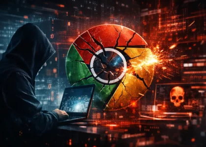 Hacker in dark hoodie beside shattered Google Chrome logo glowing red, symbolizing zero‑day exploit and cybersecurity breach.