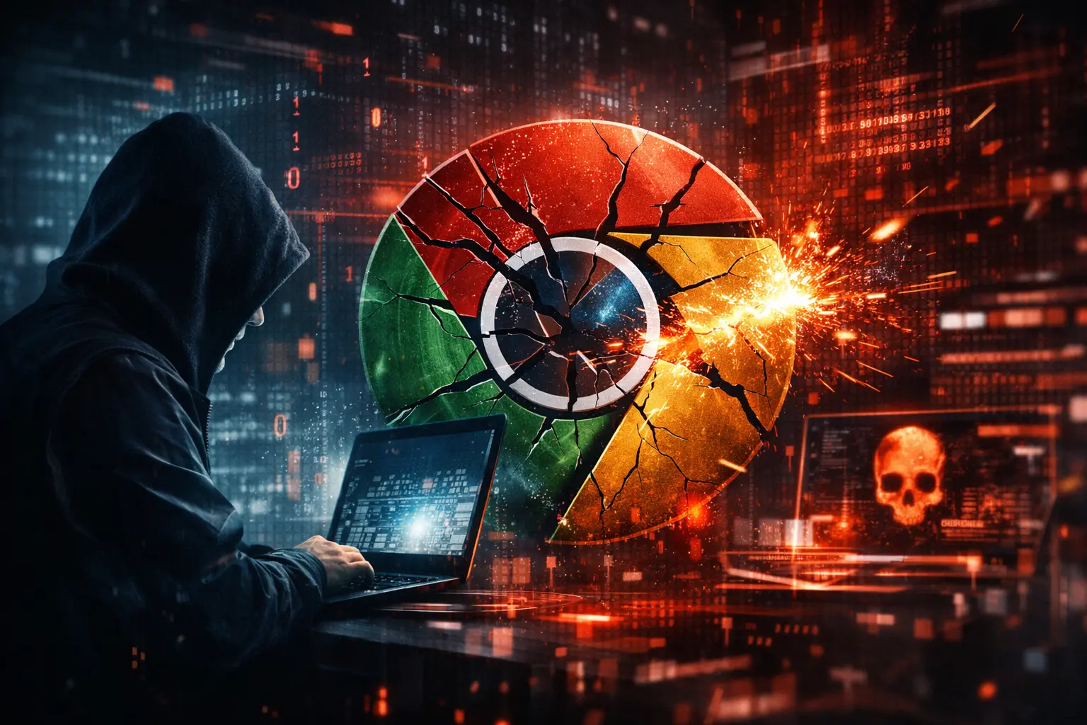 Hacker in dark hoodie beside shattered Google Chrome logo glowing red, symbolizing zero‑day exploit and cybersecurity breach.