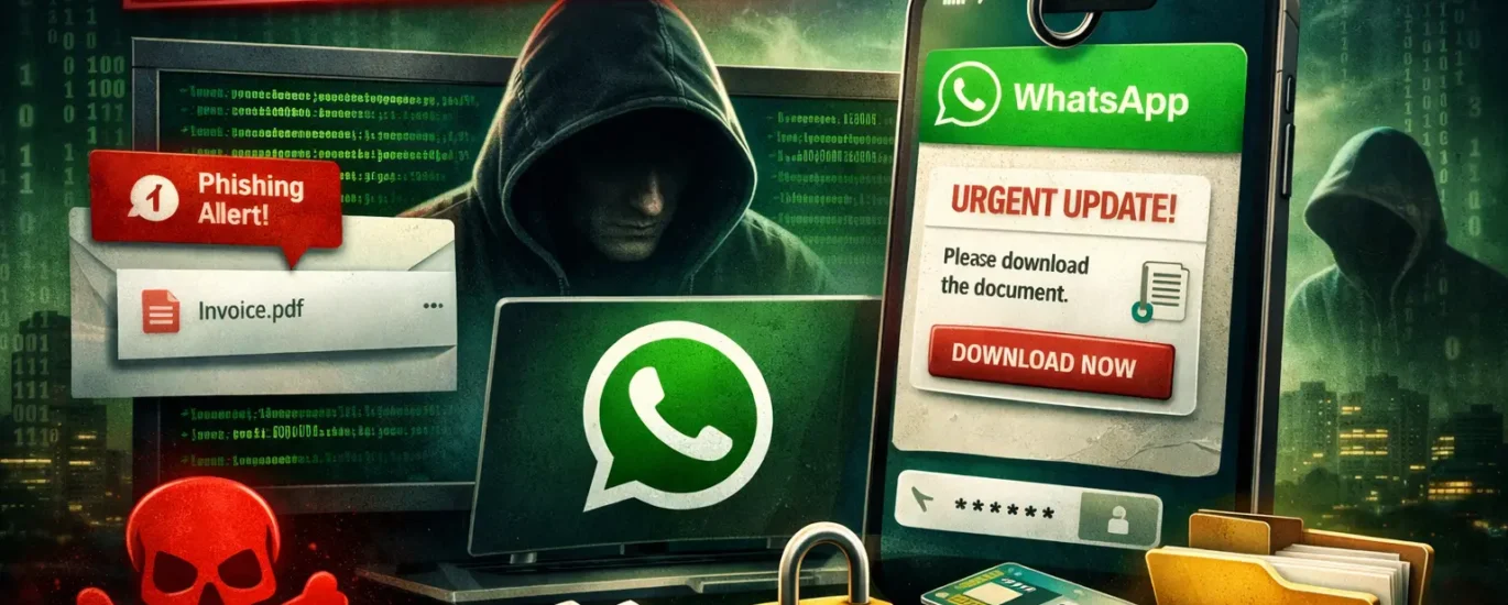 Illustration showing a WhatsApp phishing attack where hackers use deceptive messages and malicious VBScript payloads to install remote monitoring software and gain full control over victims’ devices.