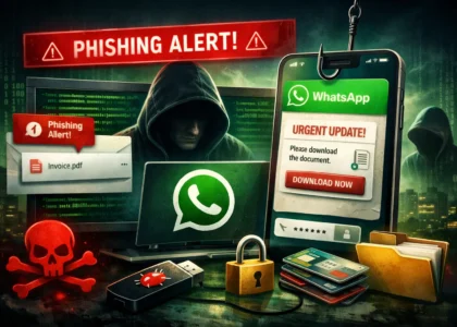 Illustration showing a WhatsApp phishing attack where hackers use deceptive messages and malicious VBScript payloads to install remote monitoring software and gain full control over victims’ devices.